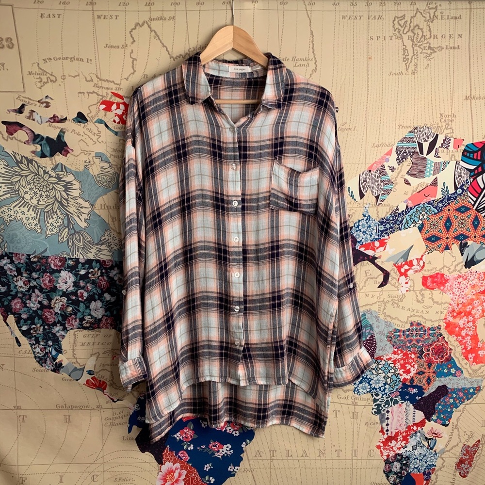 blue pepper lightweight plaid button front top